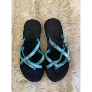 TEVA Olowahu Slide On Sandals Green Blue Strappy Web Flip Flop Shoe 9